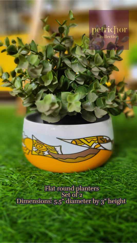 Yellow White Print Flat Round Zenscrawl Planters (Set of 2)