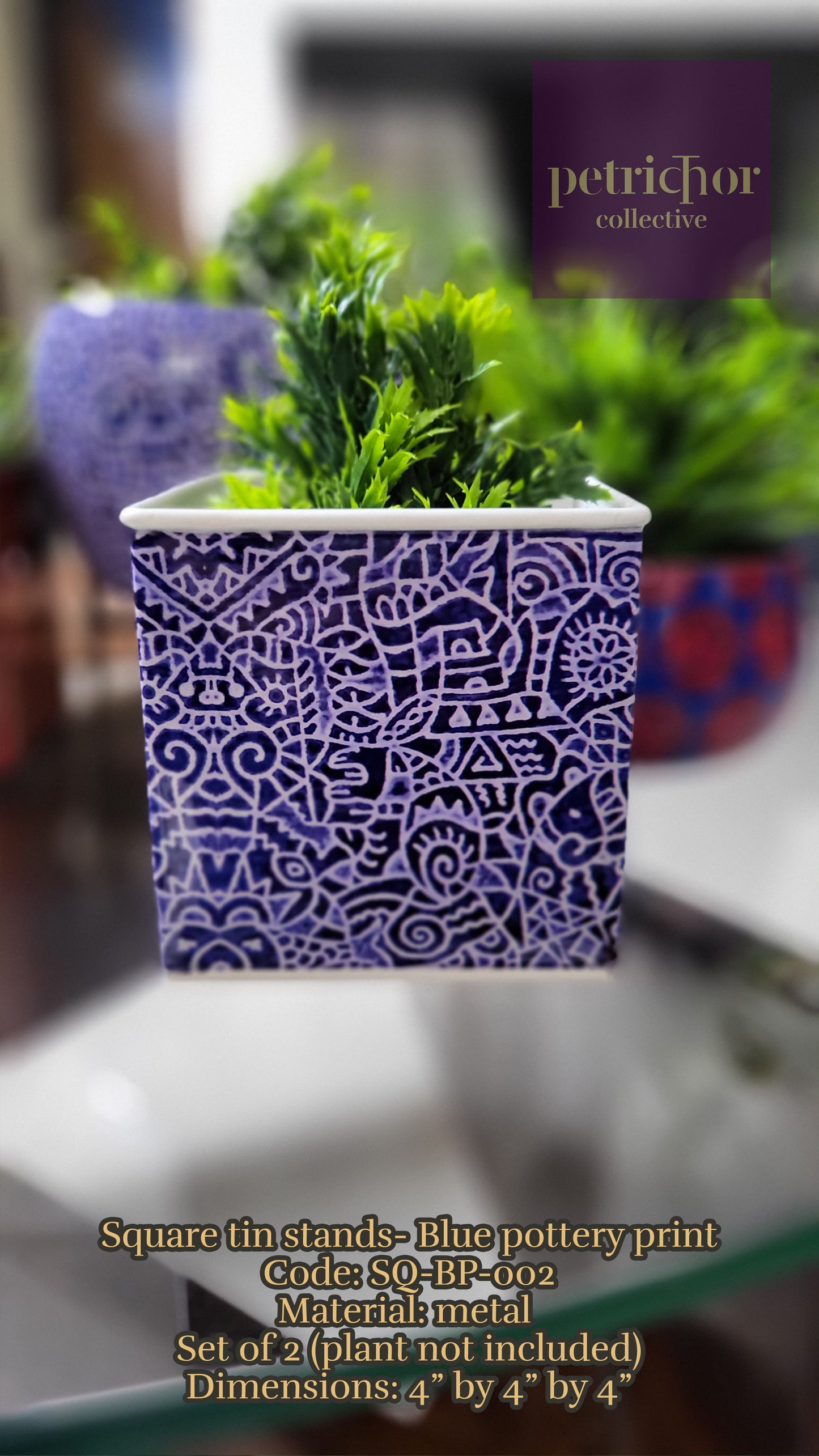 Blue Pottery Print Square Zenscrawl Planters (Set of 2)