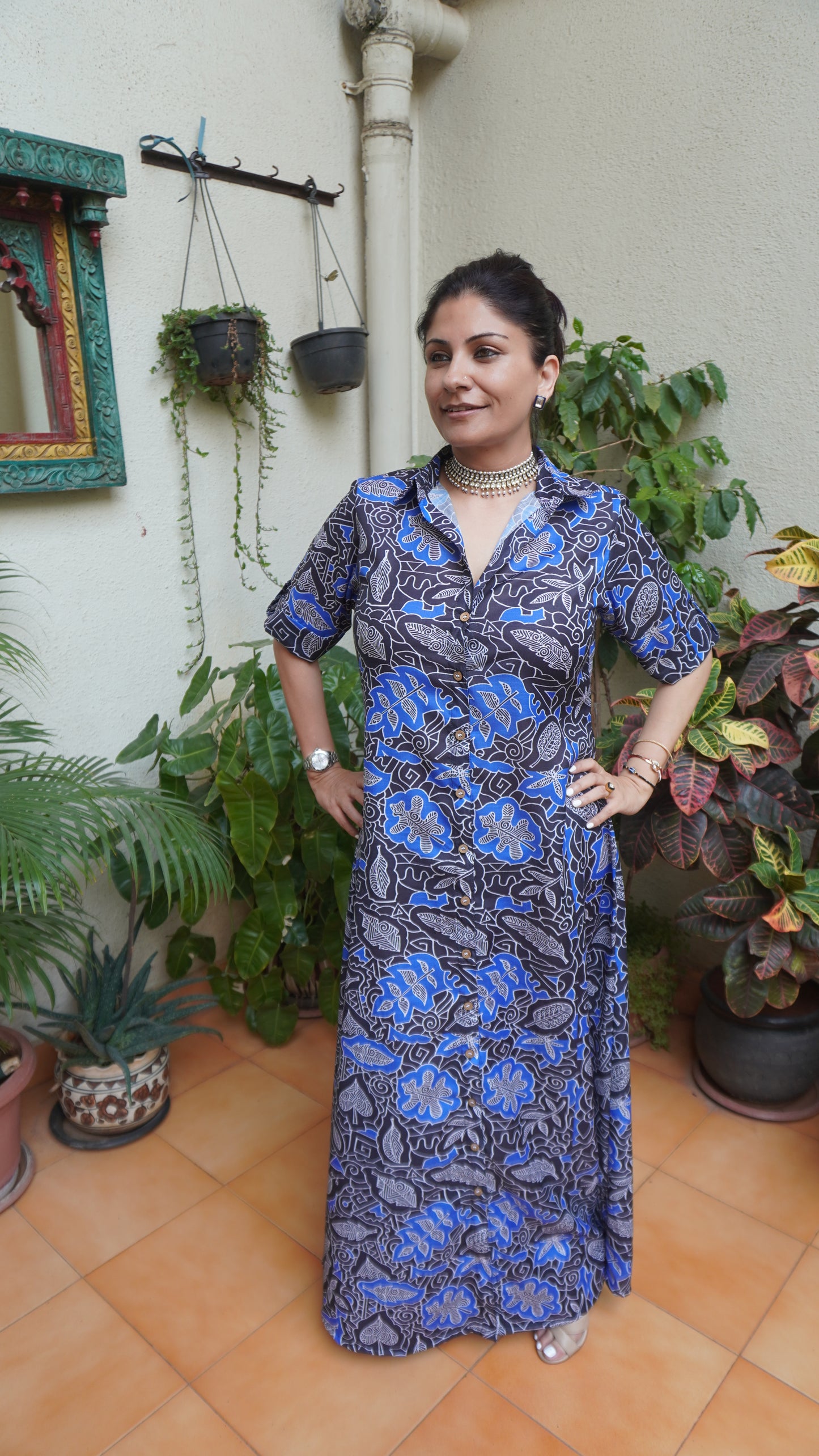 Black Leaf Print Shirt Dress